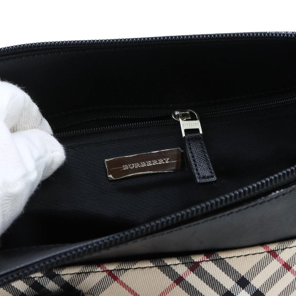 Plaid Mini Boston Hand Bag Canvas Leather Beige Black
