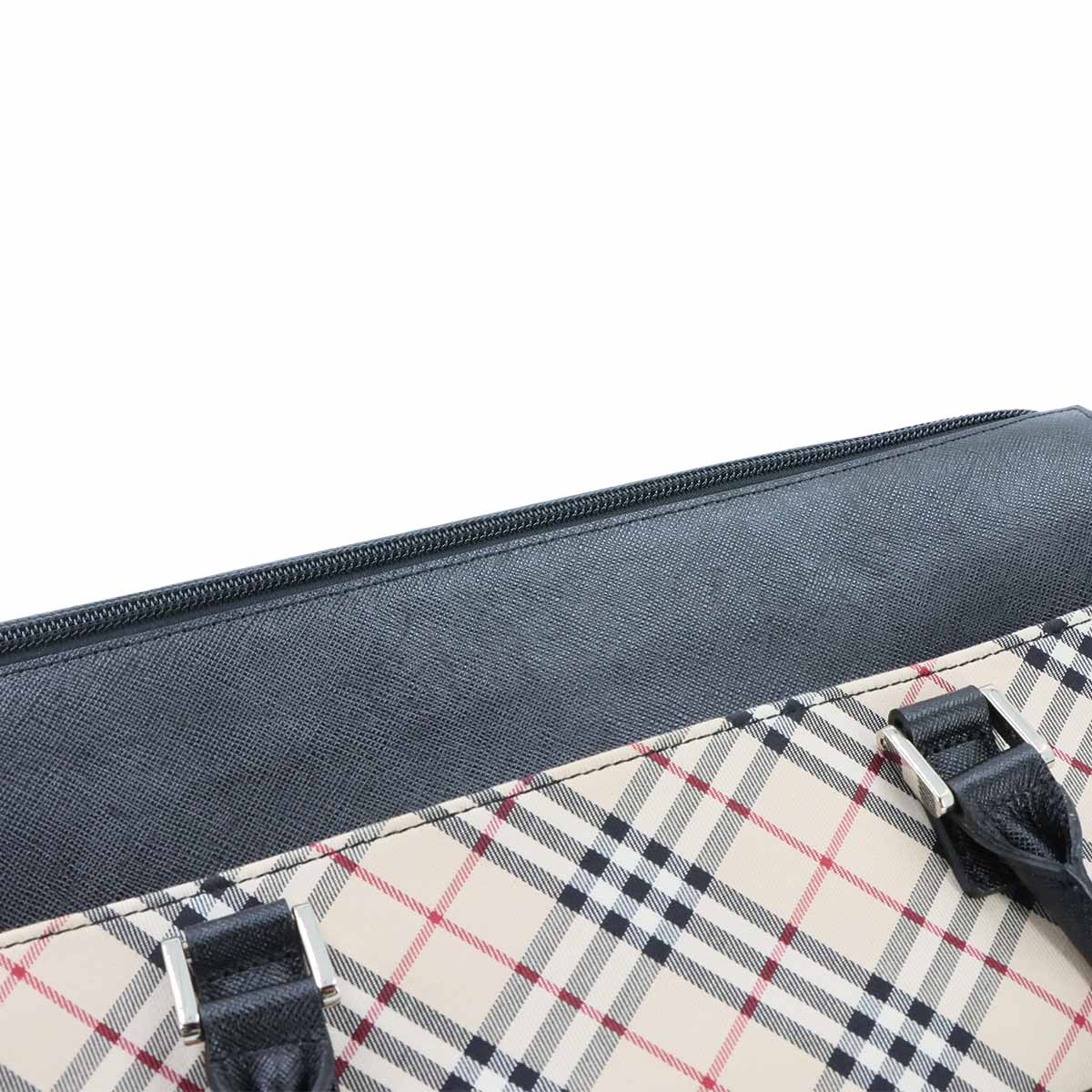 Plaid Mini Boston Hand Bag Canvas Leather Beige Black