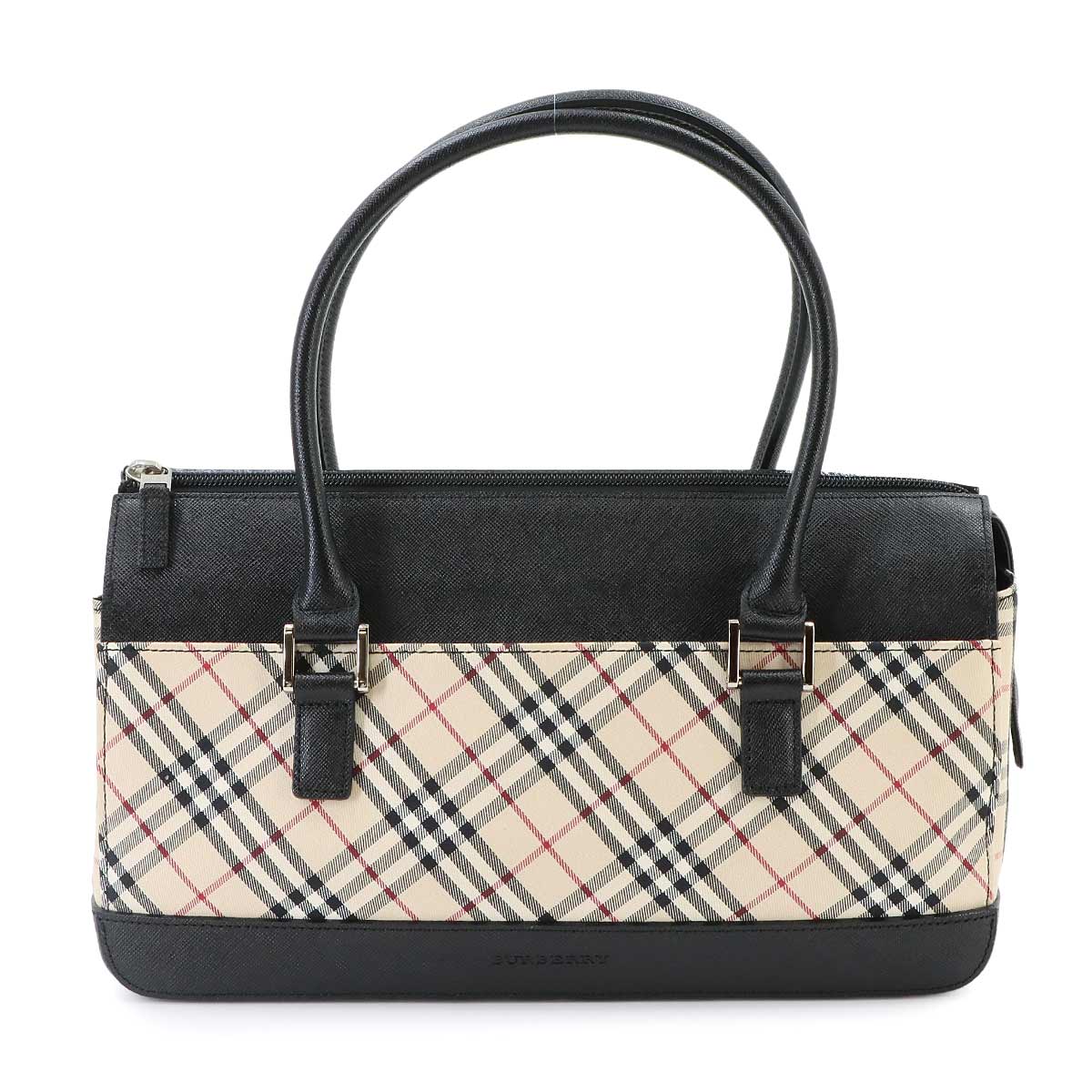 Plaid Mini Boston Hand Bag Canvas Leather Beige Black