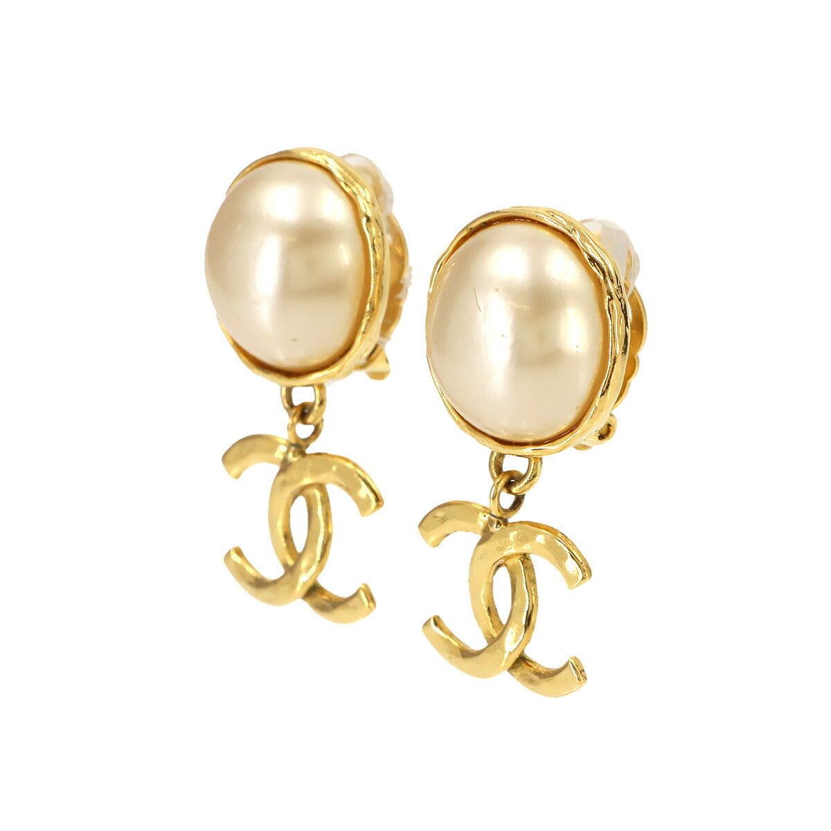 Faux pearl Coco Logos Earrings Gold 93A Clip Vintage Accessory