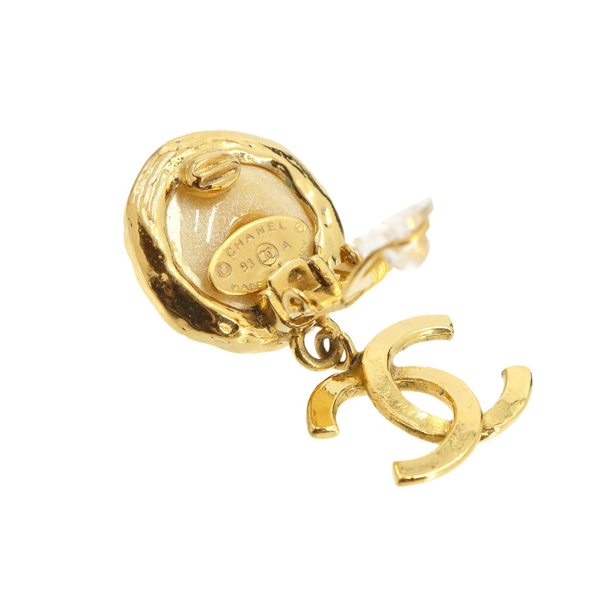 Faux pearl Coco Logos Earrings Gold 93A Clip Vintage Accessory