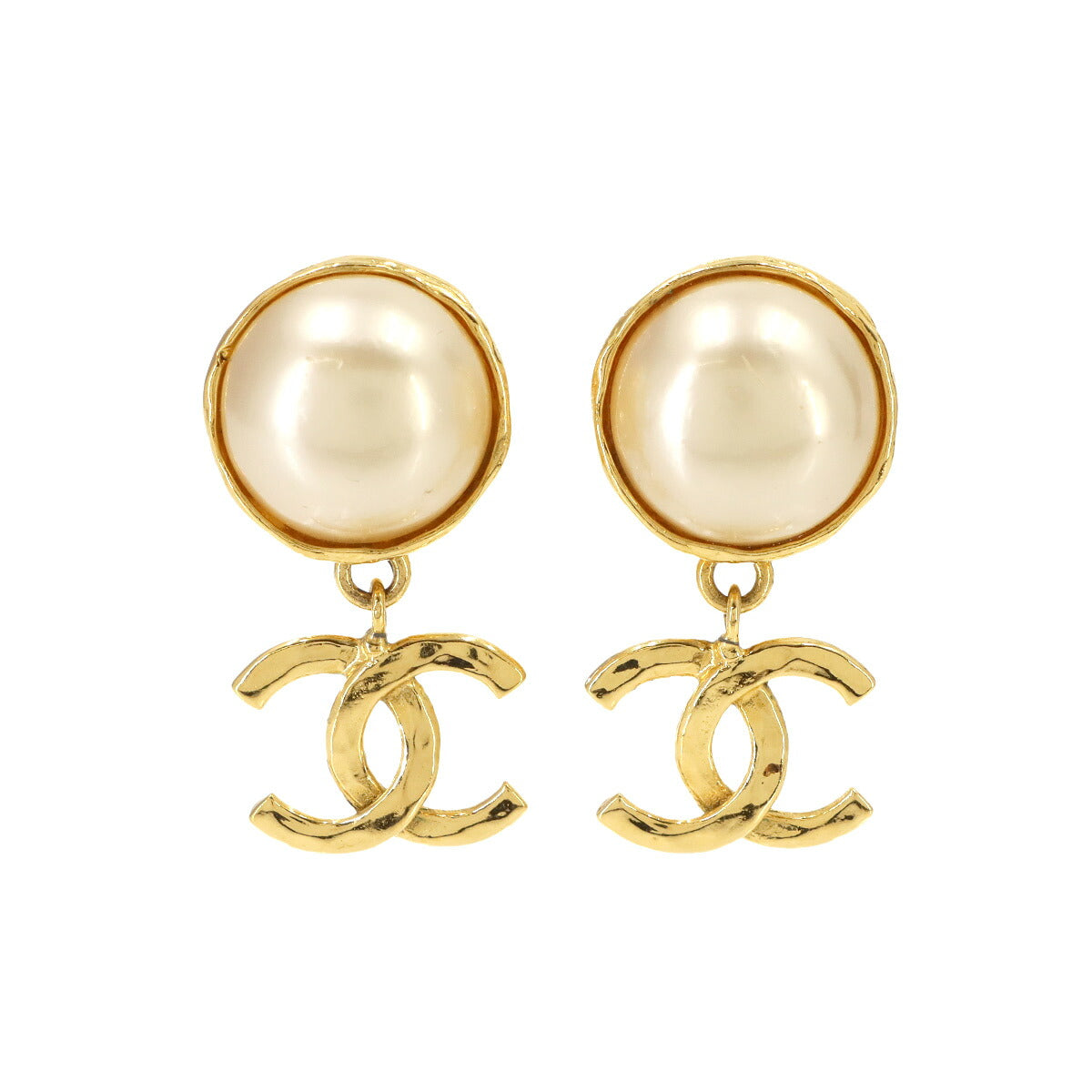 Faux pearl Coco Logos Earrings Gold 93A Clip Vintage Accessory