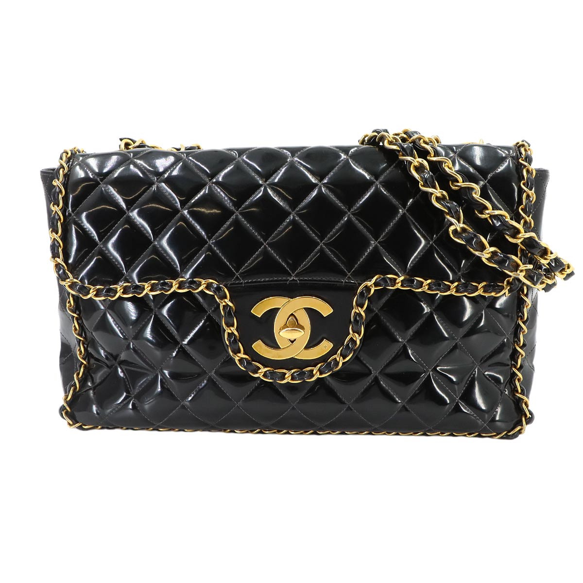Matelasse 34 Chain Shoulder Bag Enamel Black Vintage Purse