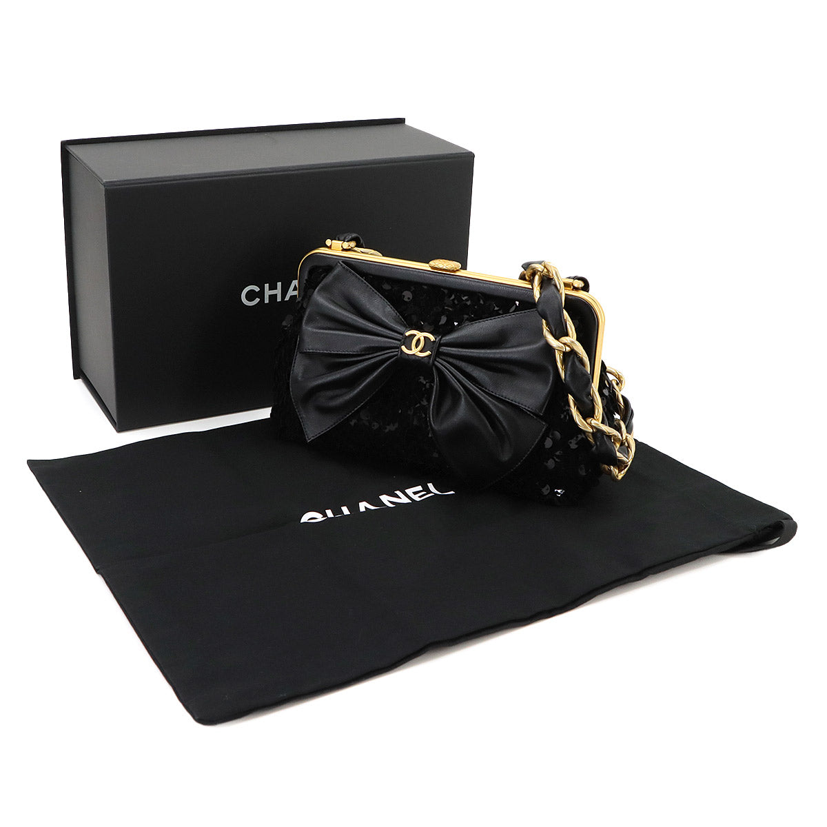 Chain Shoulder Bag Sequins Leather Black Ribbon AP4029