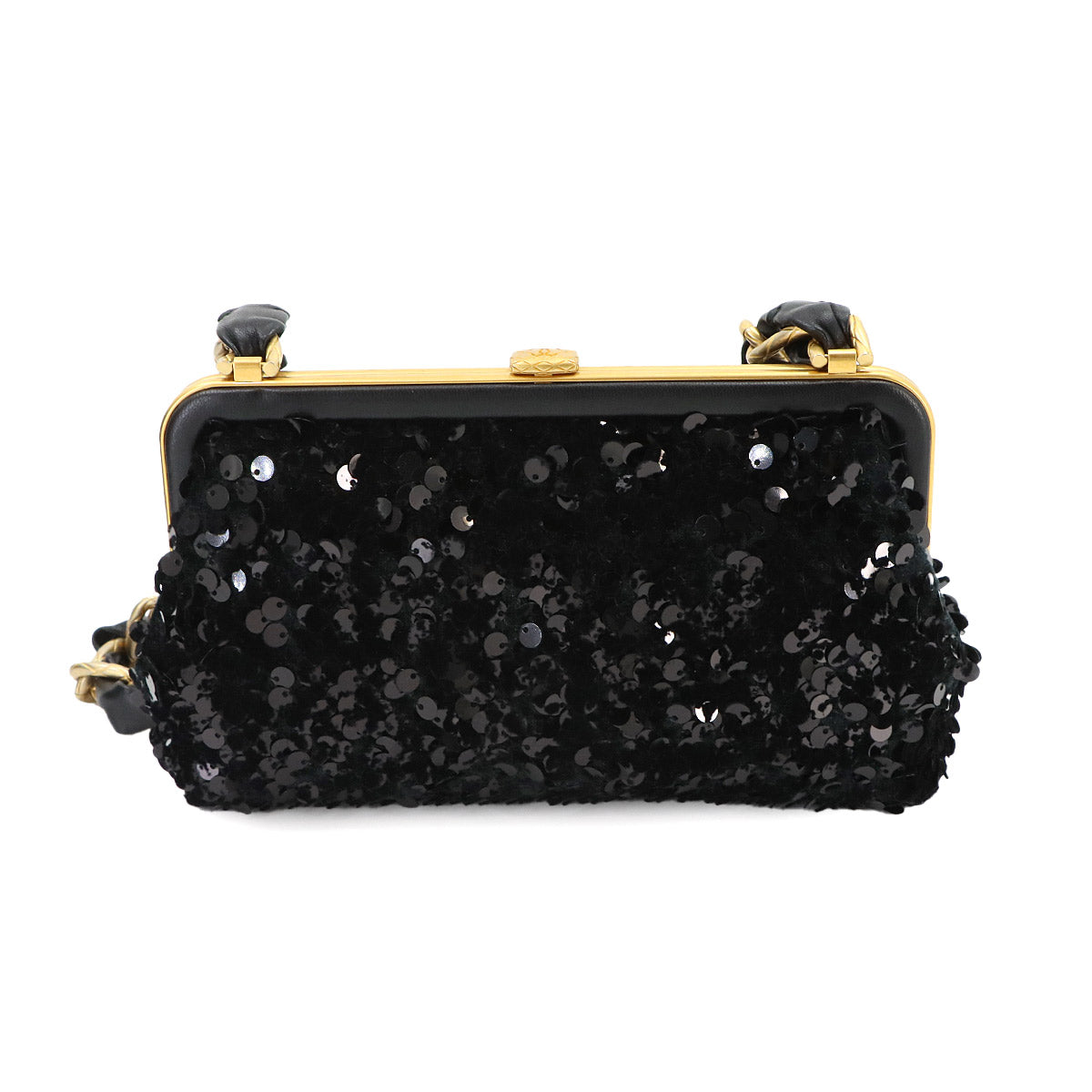 Chain Shoulder Bag Sequins Leather Black Ribbon AP4029