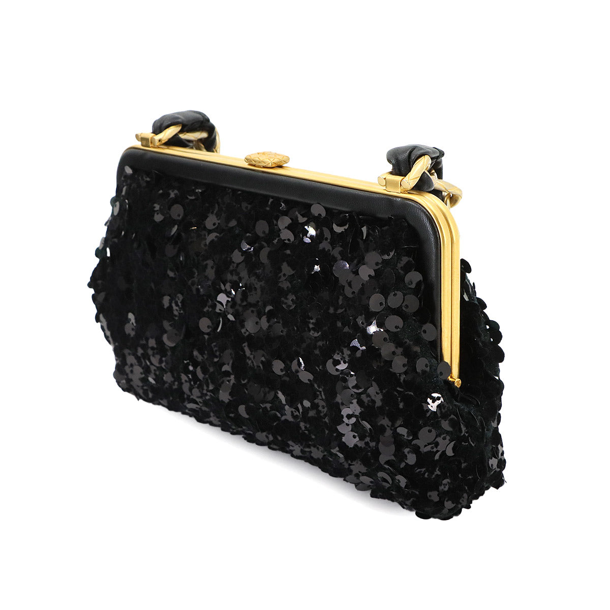 Chain Shoulder Bag Sequins Leather Black Ribbon AP4029
