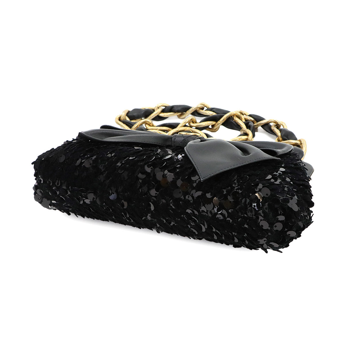 Chain Shoulder Bag Sequins Leather Black Ribbon AP4029