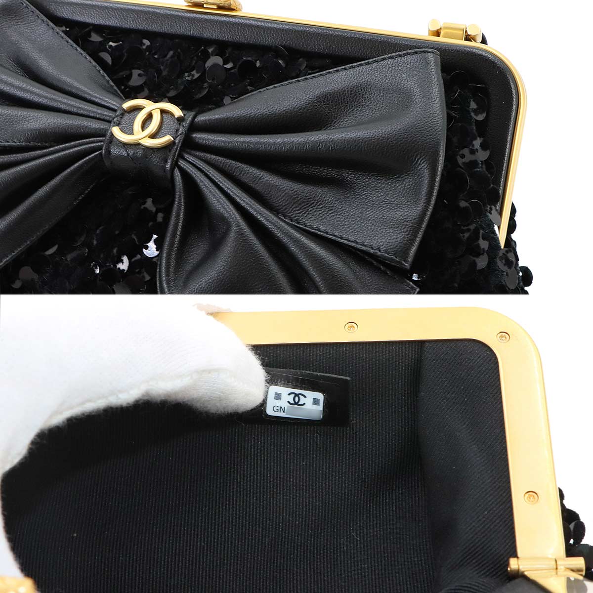 Chain Shoulder Bag Sequins Leather Black Ribbon AP4029