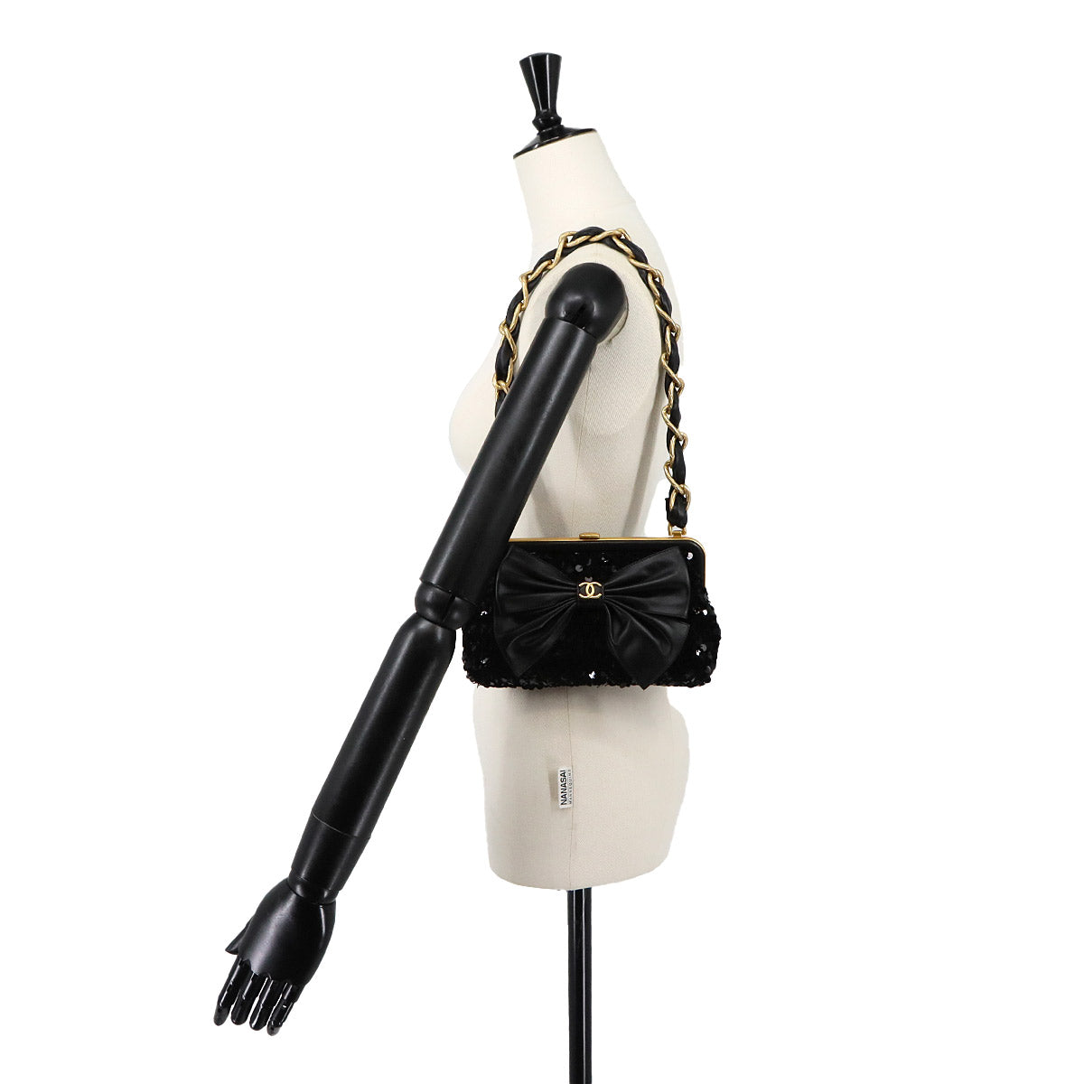 Chain Shoulder Bag Sequins Leather Black Ribbon AP4029