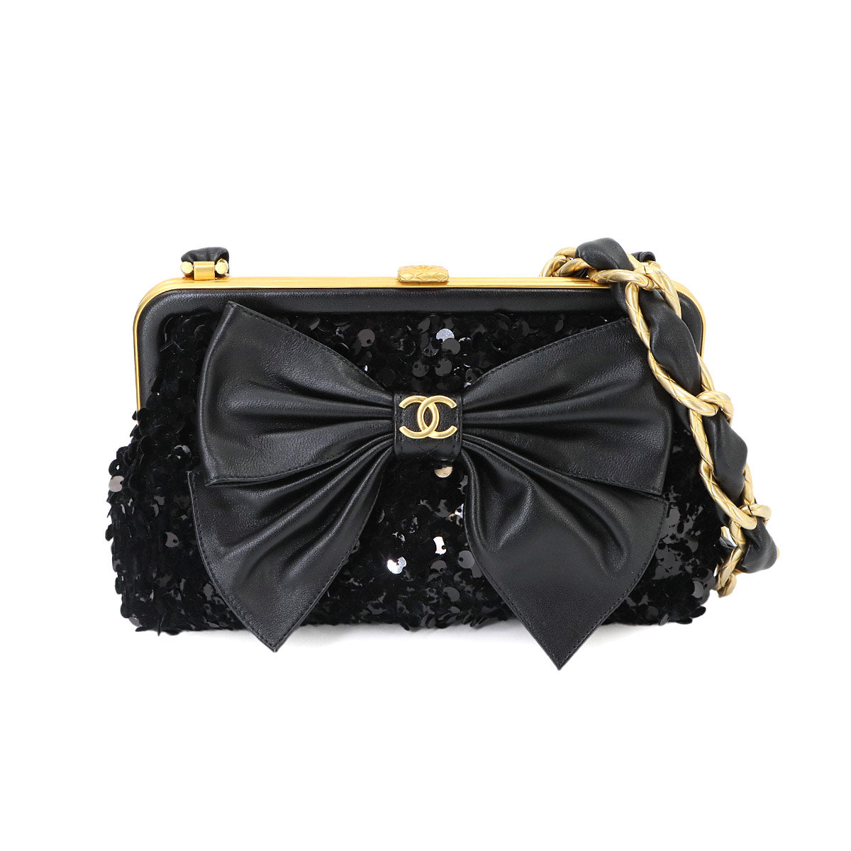 Chain Shoulder Bag Sequins Leather Black Ribbon AP4029