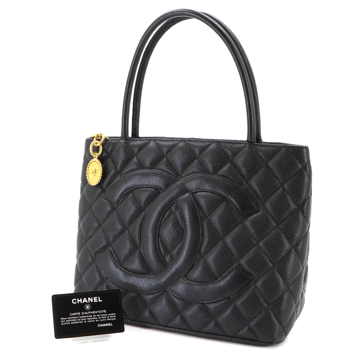 Medallion Tote Bag Leather Black A01804 Coco Logos Vintage