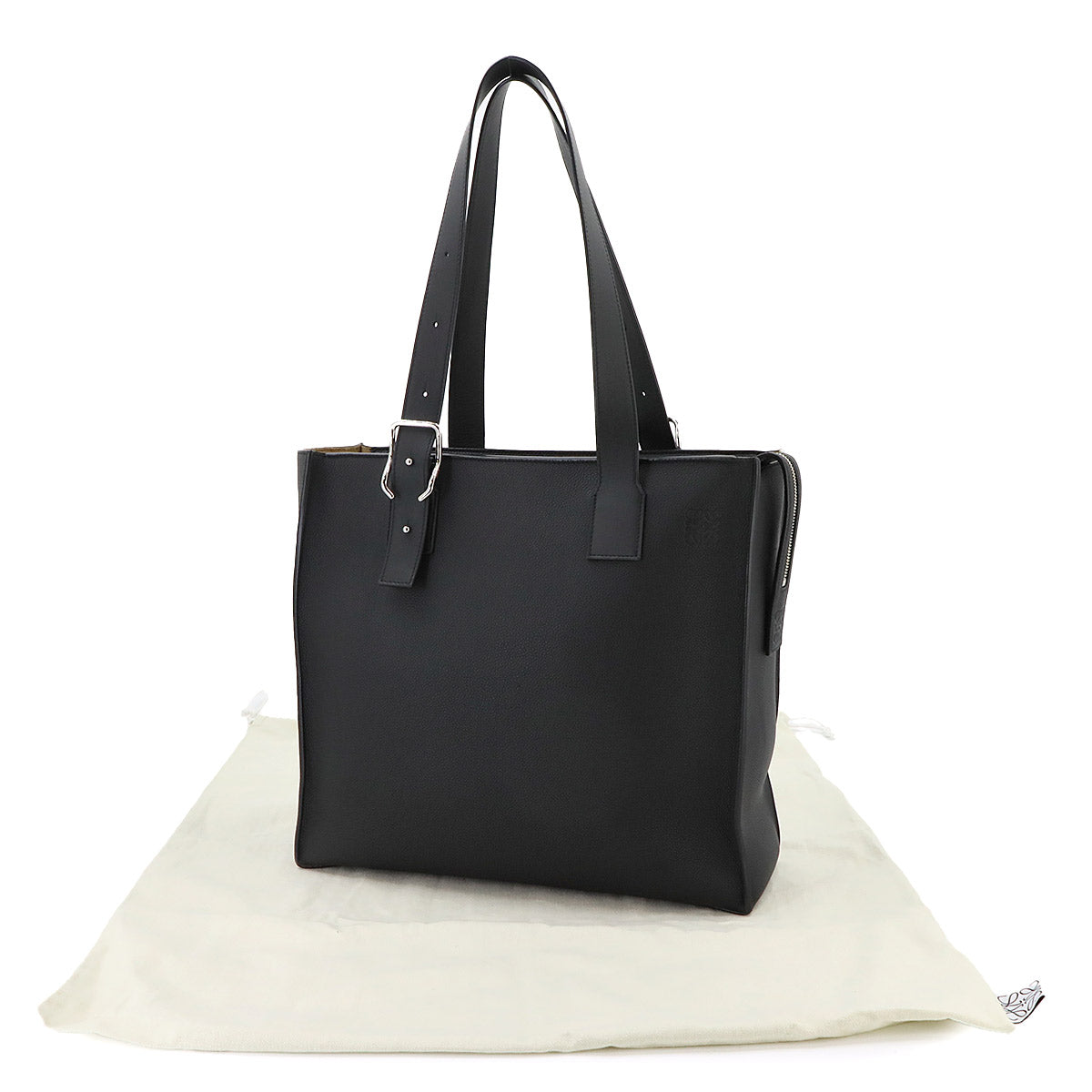 Buckle Zipper Tote Bag Leather Black Purse
