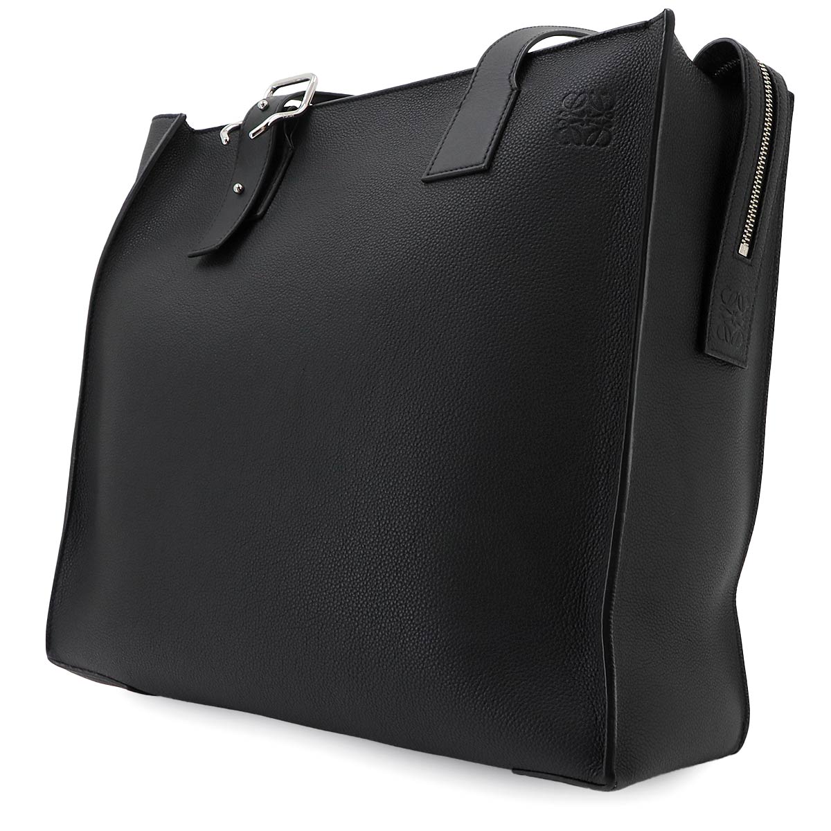 Buckle Zipper Tote Bag Leather Black Purse