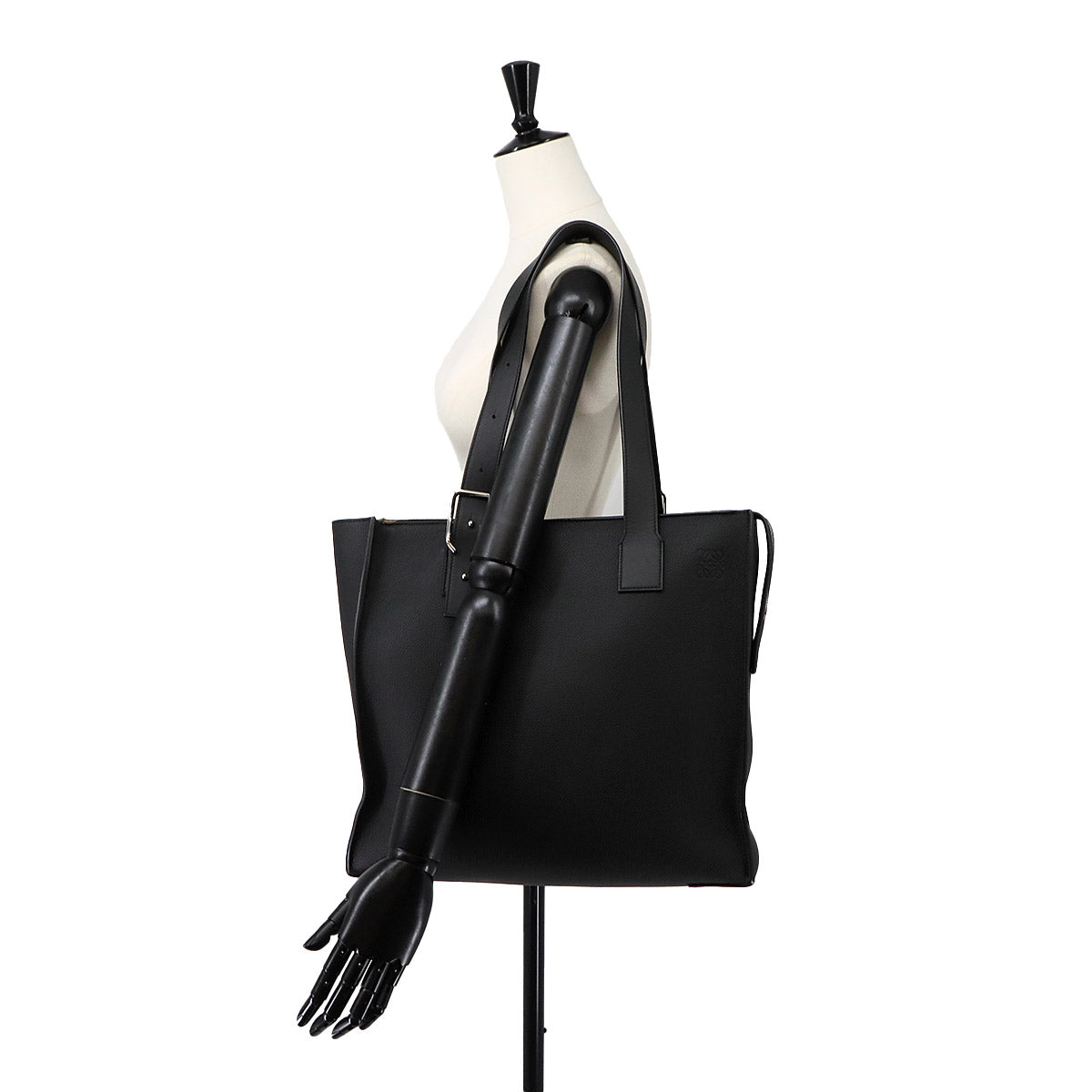 Buckle Zipper Tote Bag Leather Black Purse