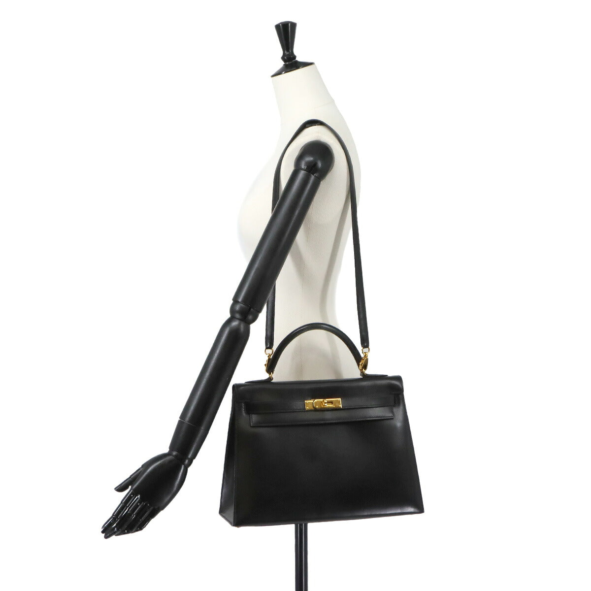 Kelly 32 Box calf Black Hand Shoulder Bag Vintage Purse