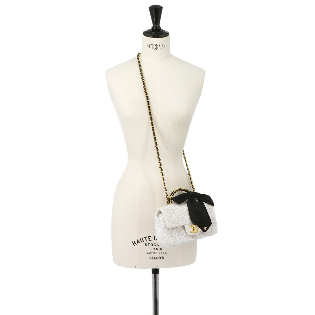 Matelasse Chain Shoulder Bag Tweed Black White