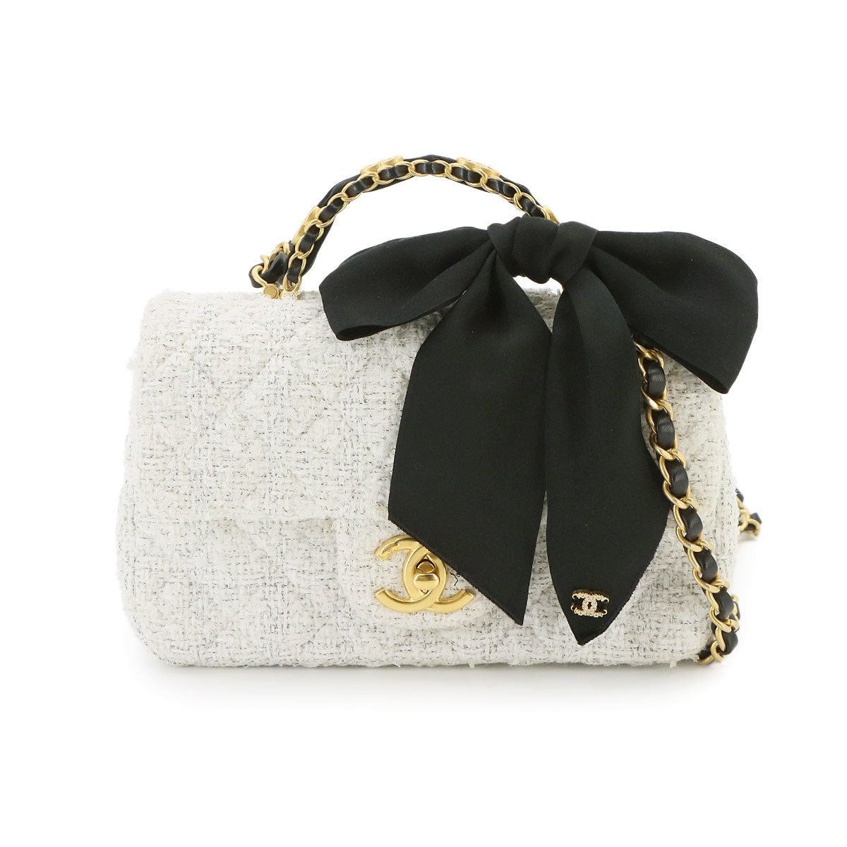 Matelasse Chain Shoulder Bag Tweed Black White