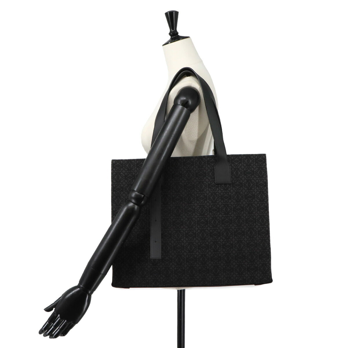 Buckle Horizontal Tote Bag Canvas Leather Black Purse