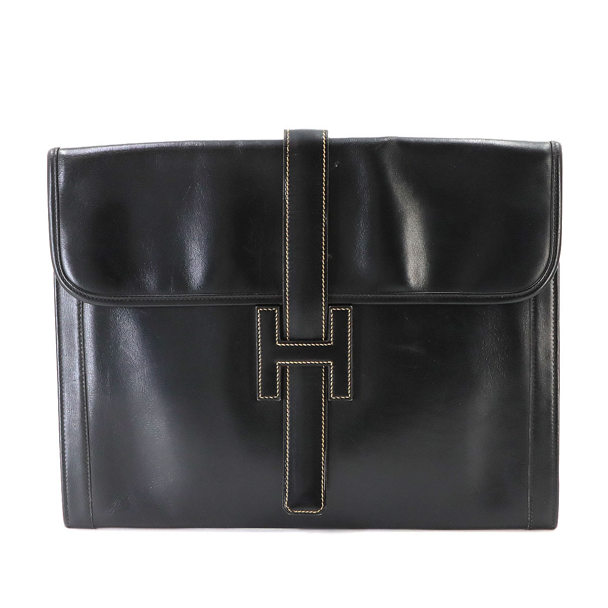 Jige GM Clutch Bag Box Calf Leather Black Purse