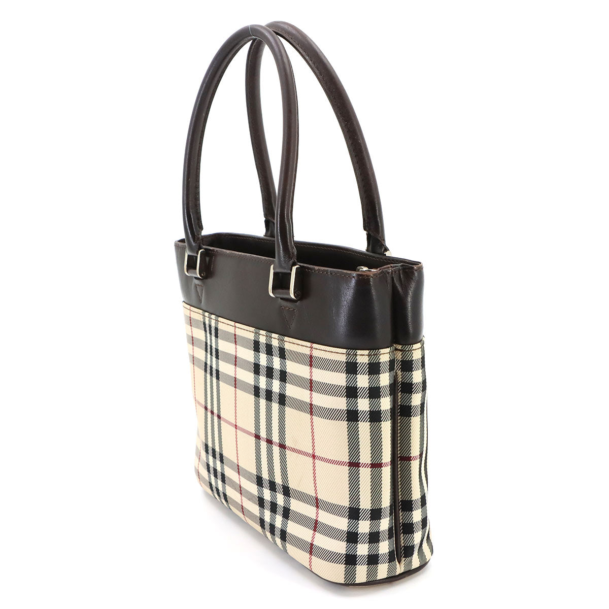 Plaid Hand Bag Canvas Leather Beige Dark brown Purse