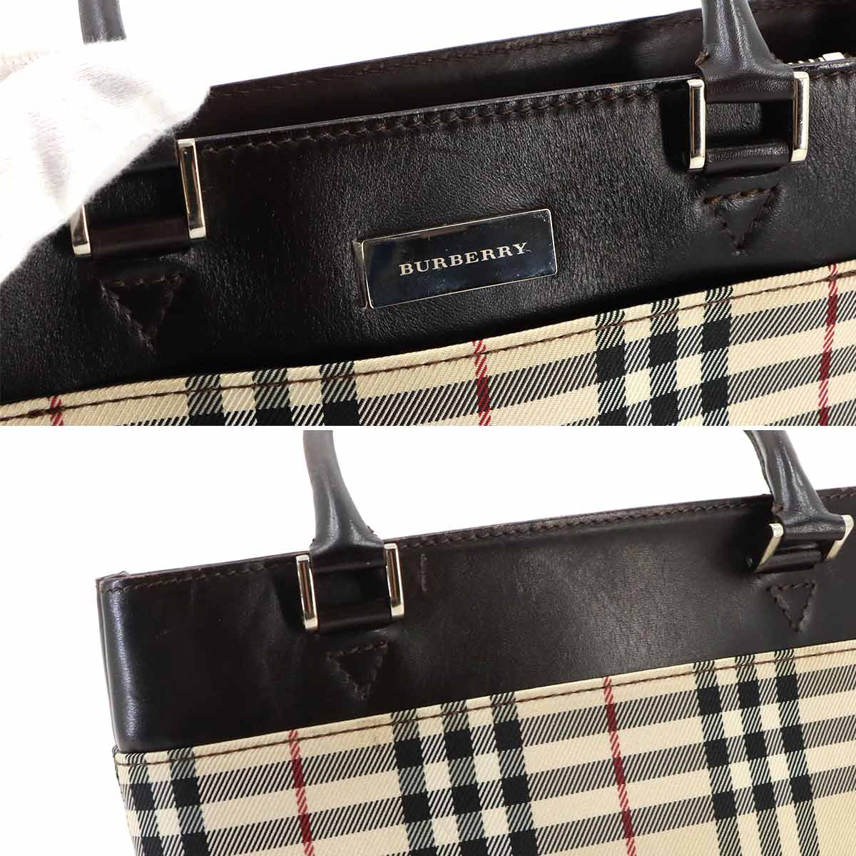 Plaid Hand Bag Canvas Leather Beige Dark brown Purse