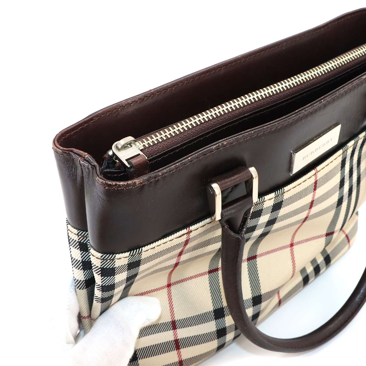 Plaid Hand Bag Canvas Leather Beige Dark brown Purse