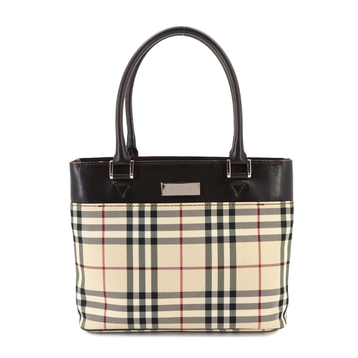 Plaid Hand Bag Canvas Leather Beige Dark brown Purse