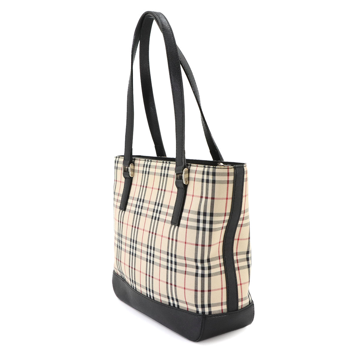 Plaid Tote Bag Canvas Leather Beige Black Purse
