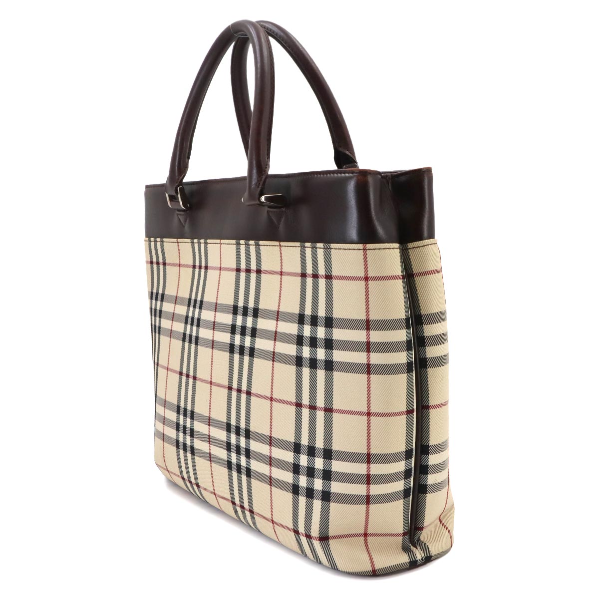 Plaid Tote Bag Canvas Leather Beige Brown Purse