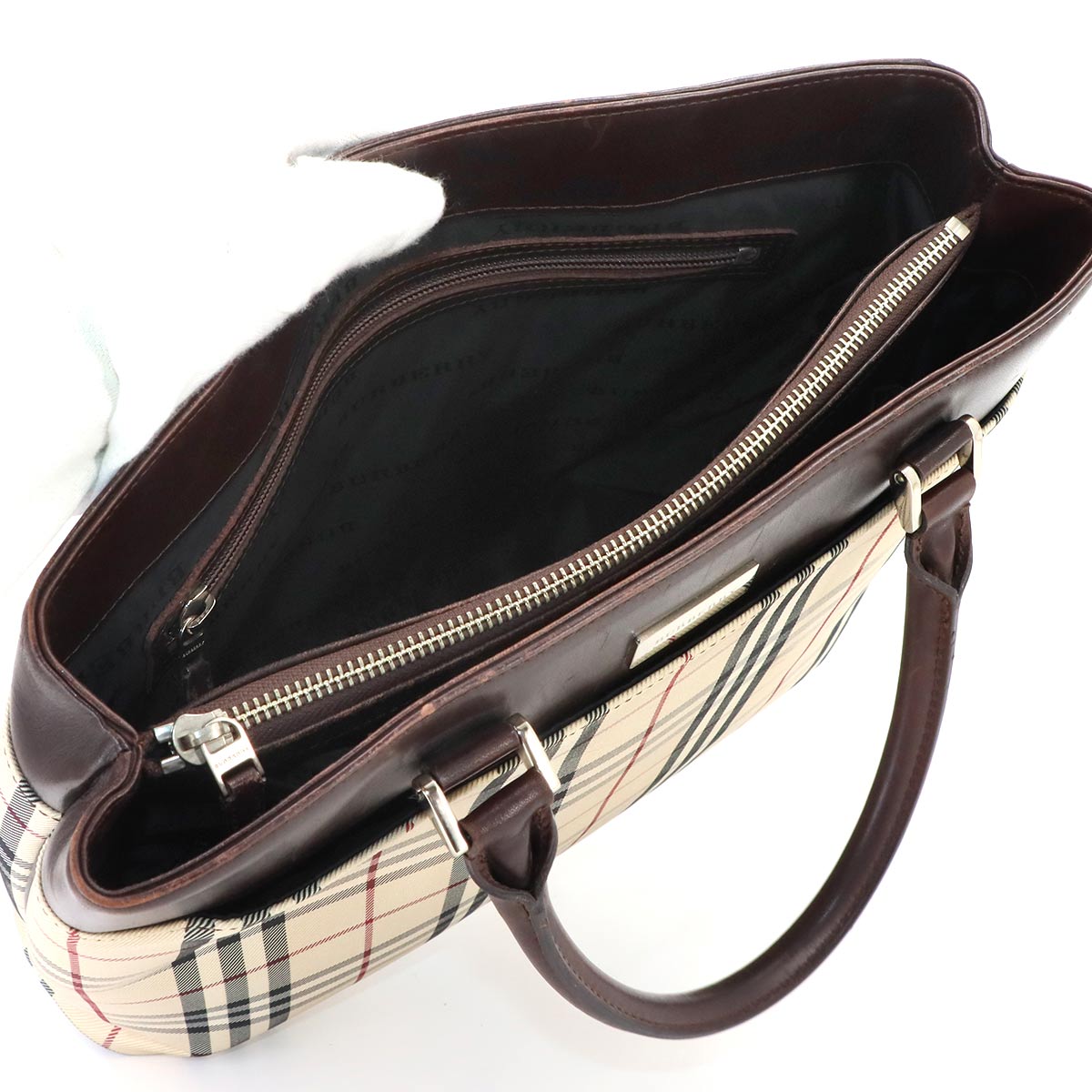 Plaid Tote Bag Canvas Leather Beige Brown Purse