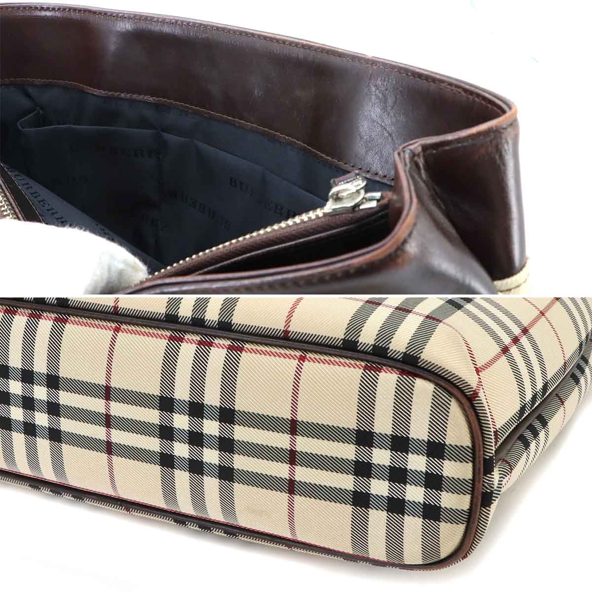 Plaid Tote Bag Canvas Leather Beige Brown Purse
