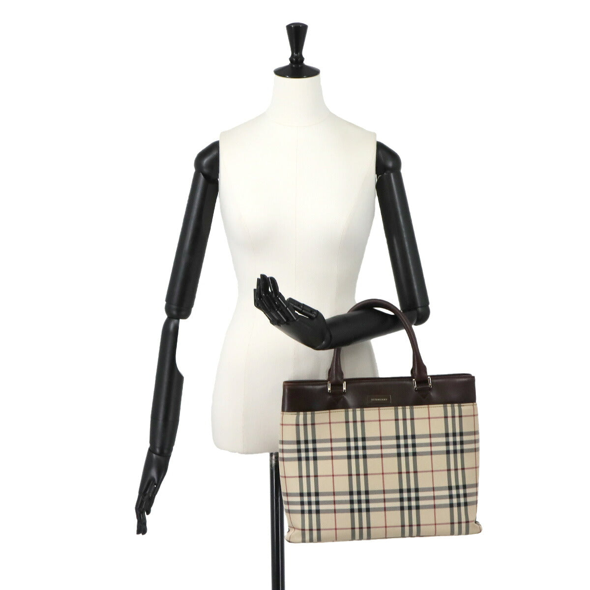 Plaid Tote Bag Canvas Leather Beige Brown Purse