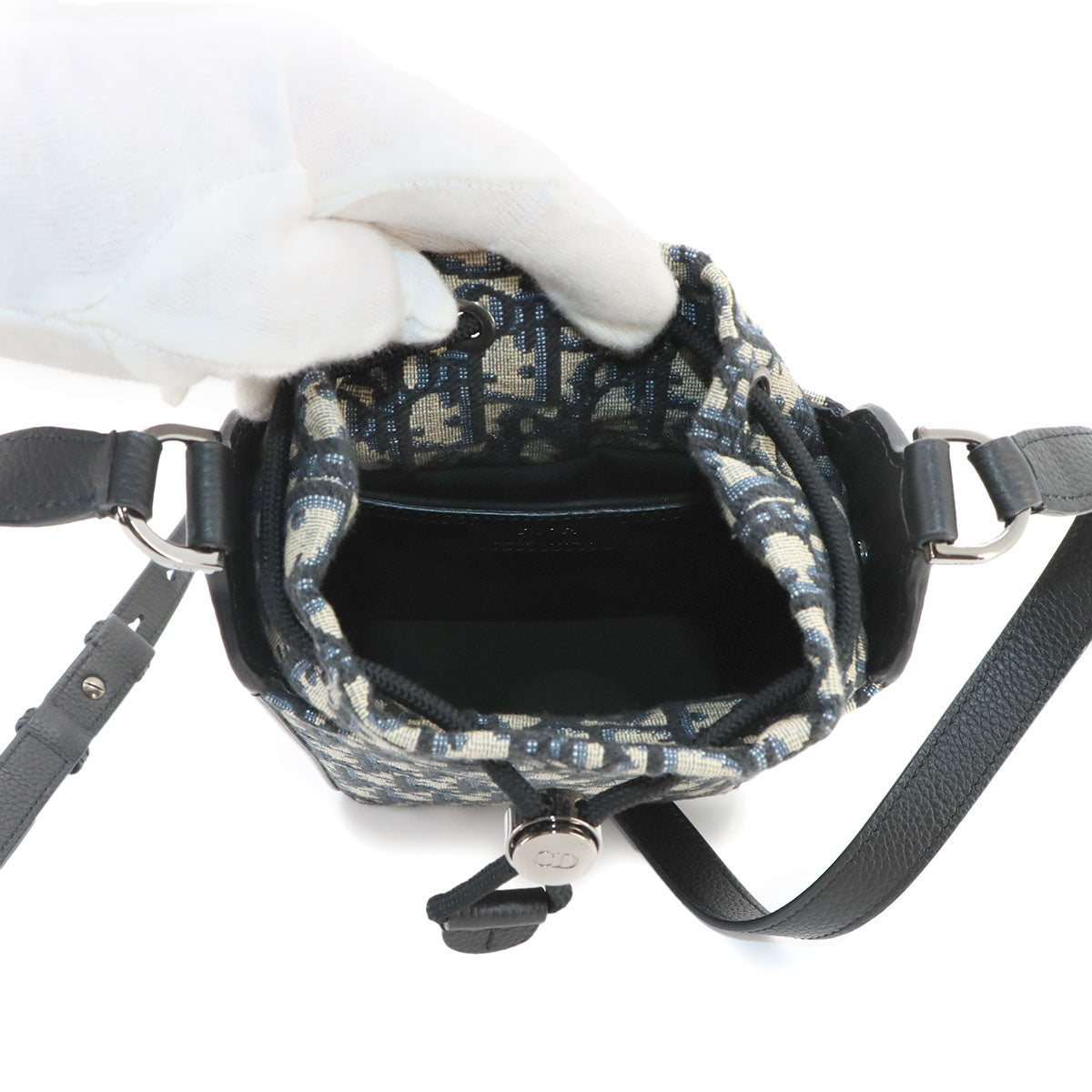 Oblique Mini Bucket Shoulder Bag Canvas Leather Navy