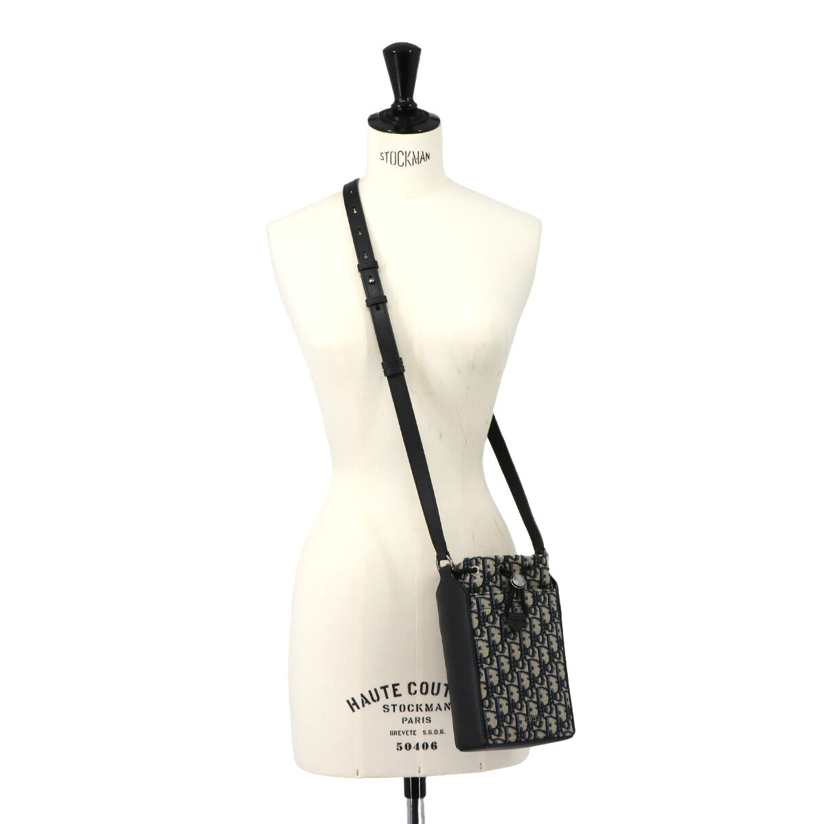 Oblique Mini Bucket Shoulder Bag Canvas Leather Navy