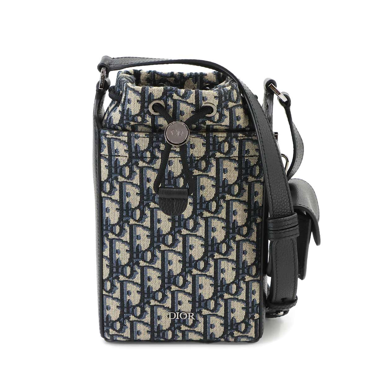Oblique Mini Bucket Shoulder Bag Canvas Leather Navy