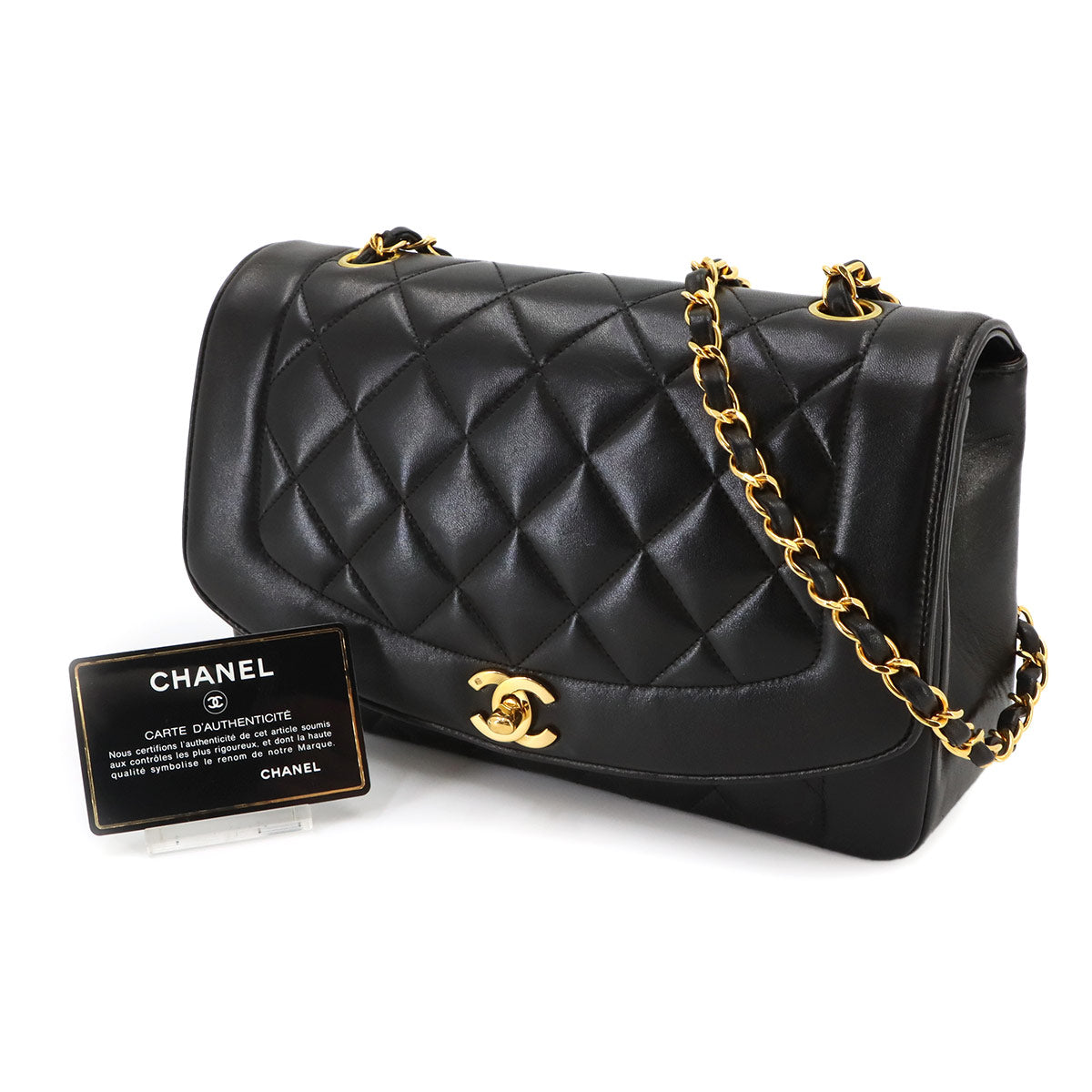 Diana Matelasse 25 Chain Shoulder Bag Leather Black A01165