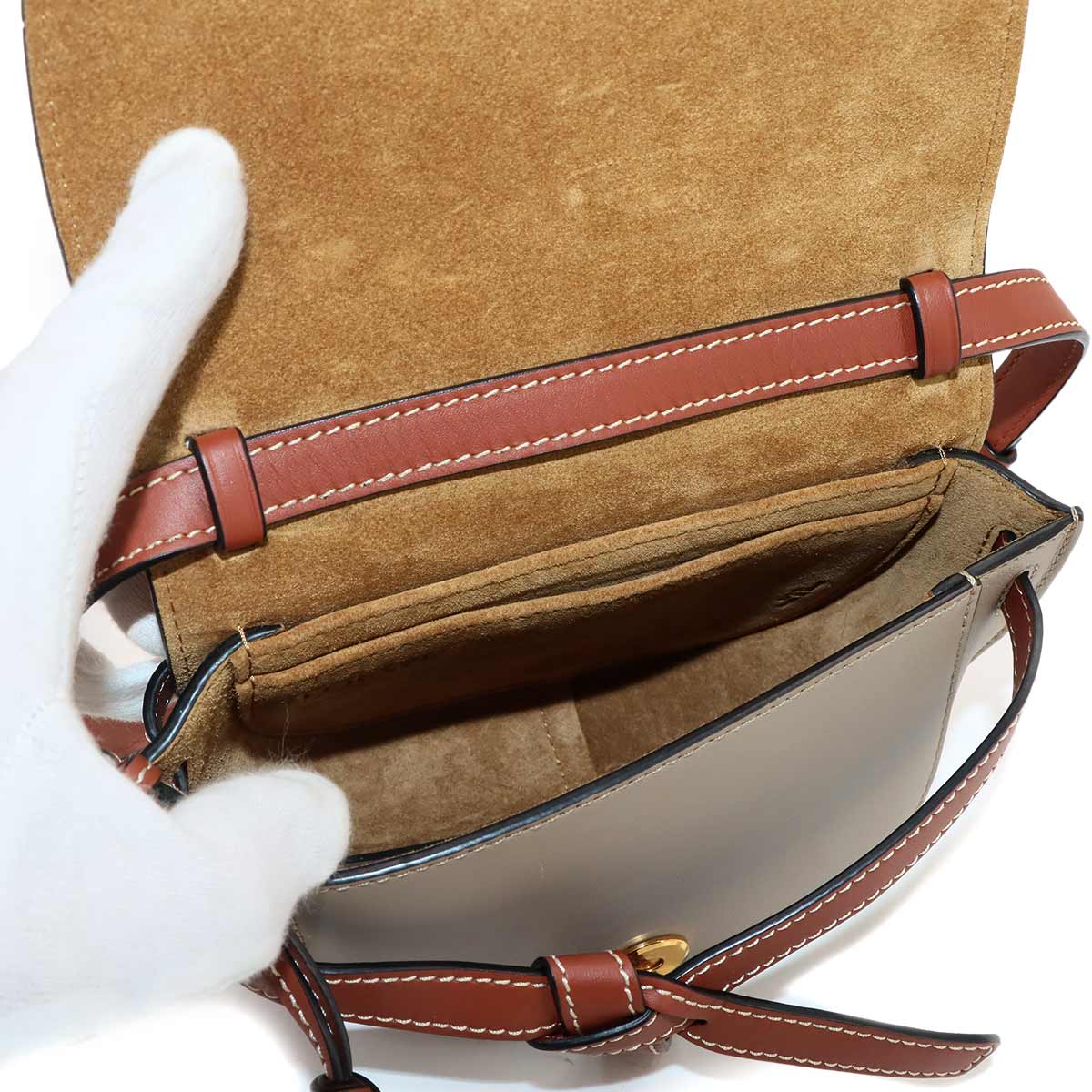 Mini Gate Dual Shoulder Bag Leather Brown Beige Purse
