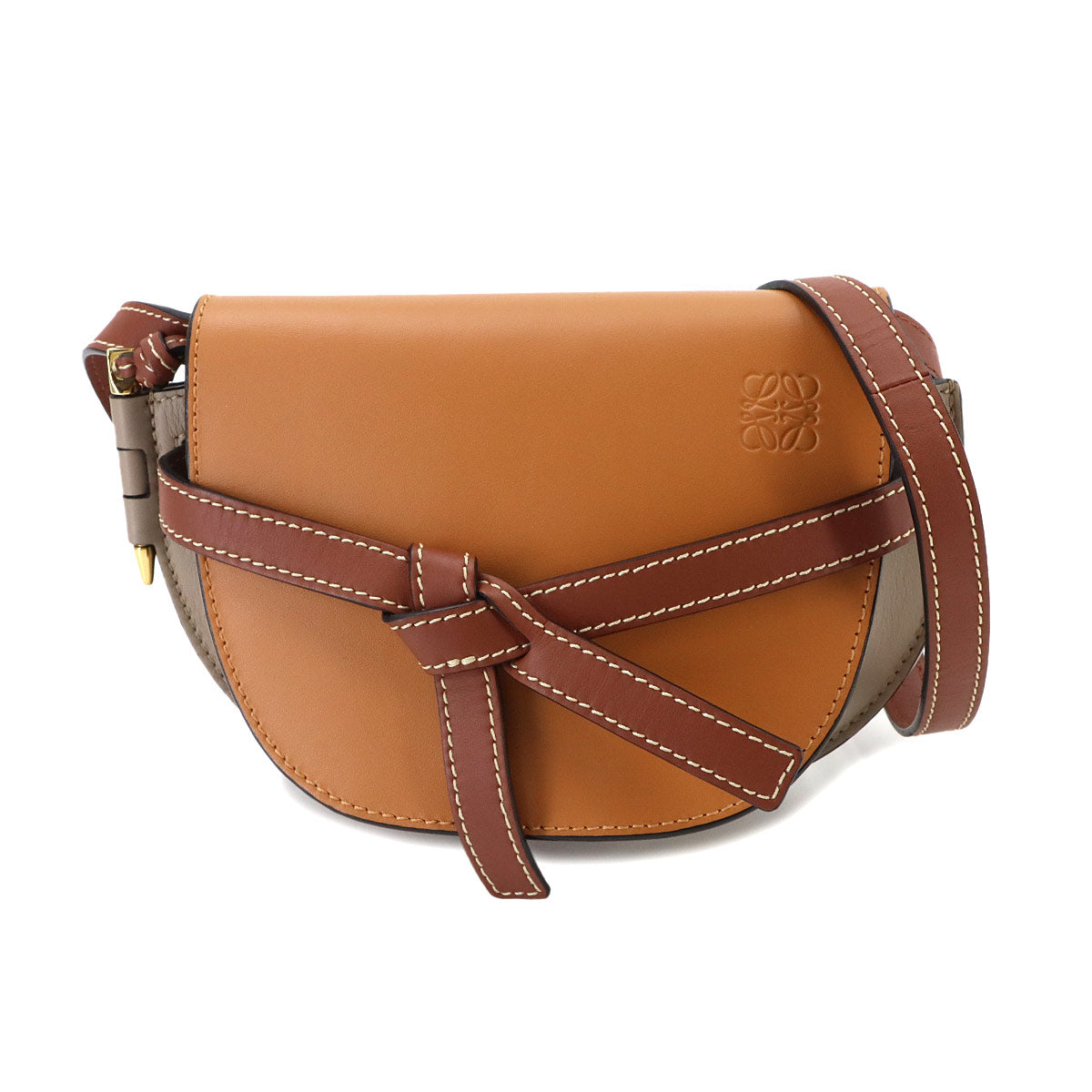 Mini Gate Dual Shoulder Bag Leather Brown Beige Purse