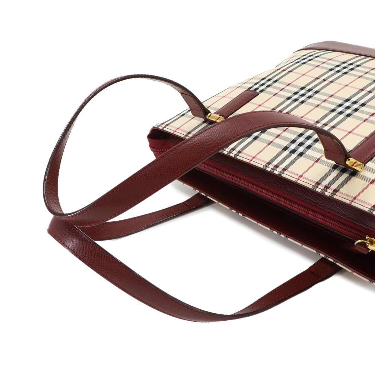 Plaid Hand Bag Canvas Leather Beige Bordeaux Purse