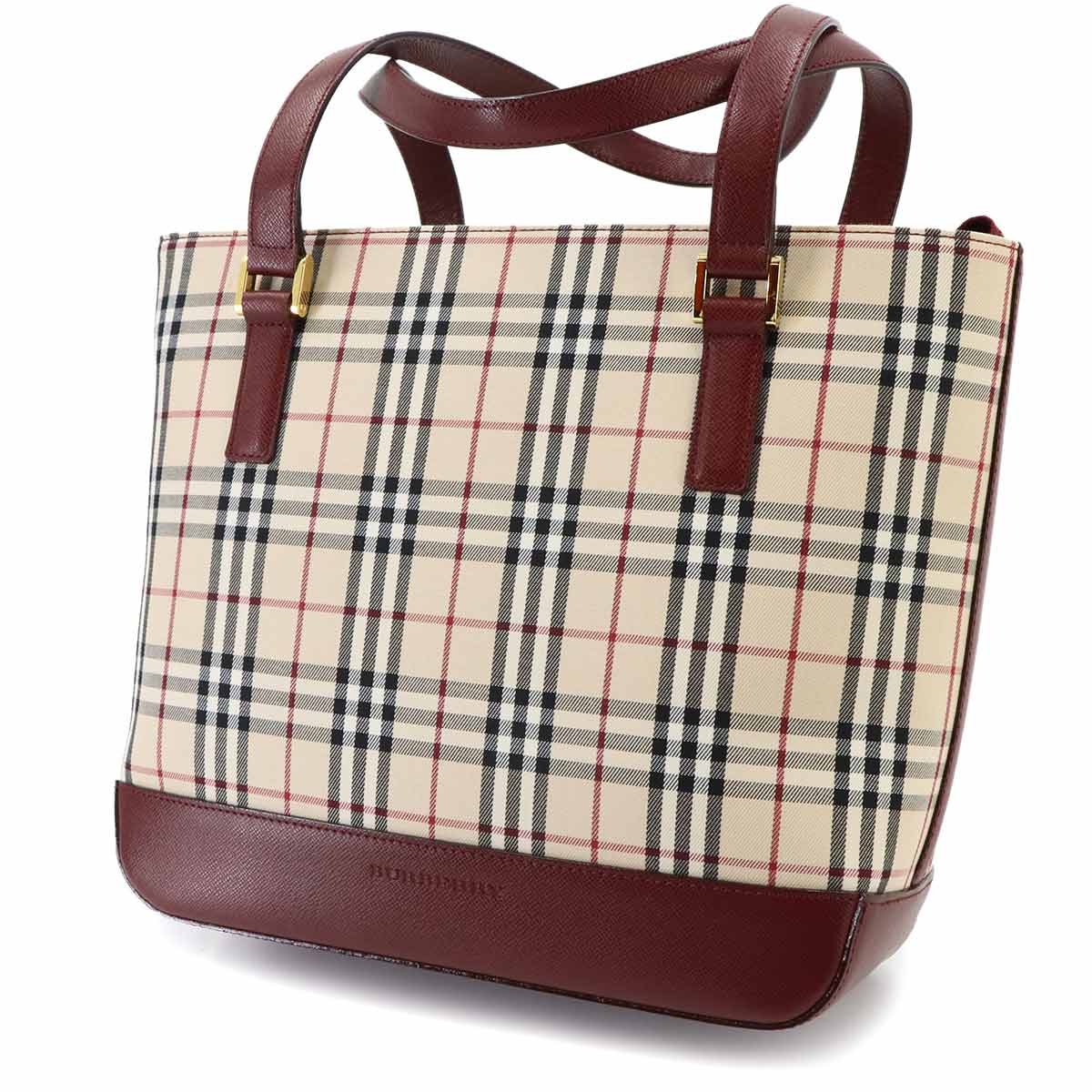 Plaid Hand Bag Canvas Leather Beige Bordeaux Purse
