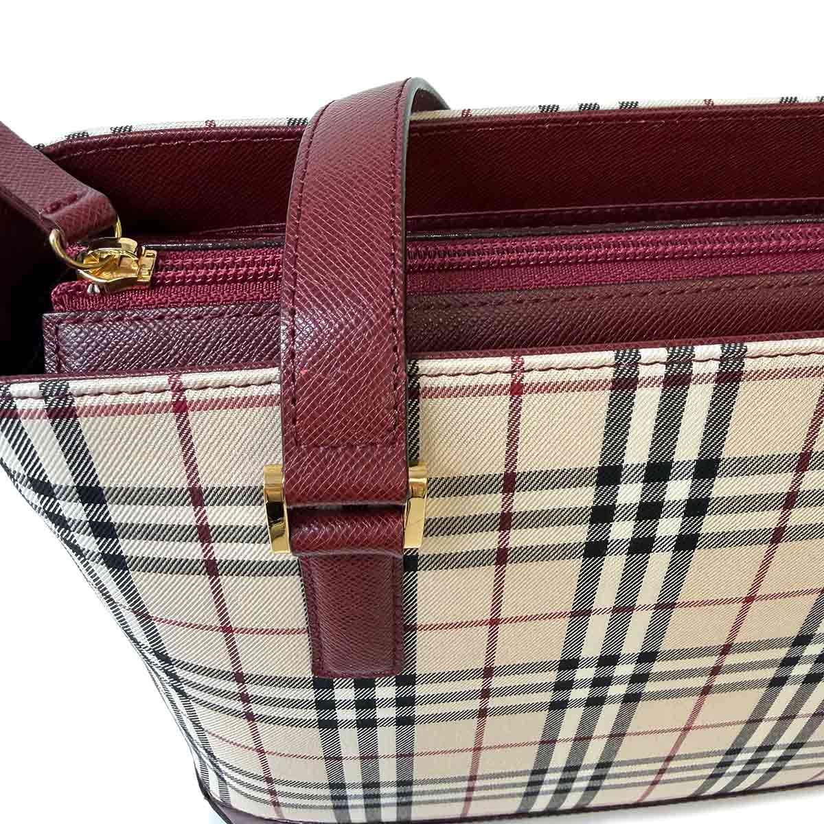 Plaid Hand Bag Canvas Leather Beige Bordeaux Purse