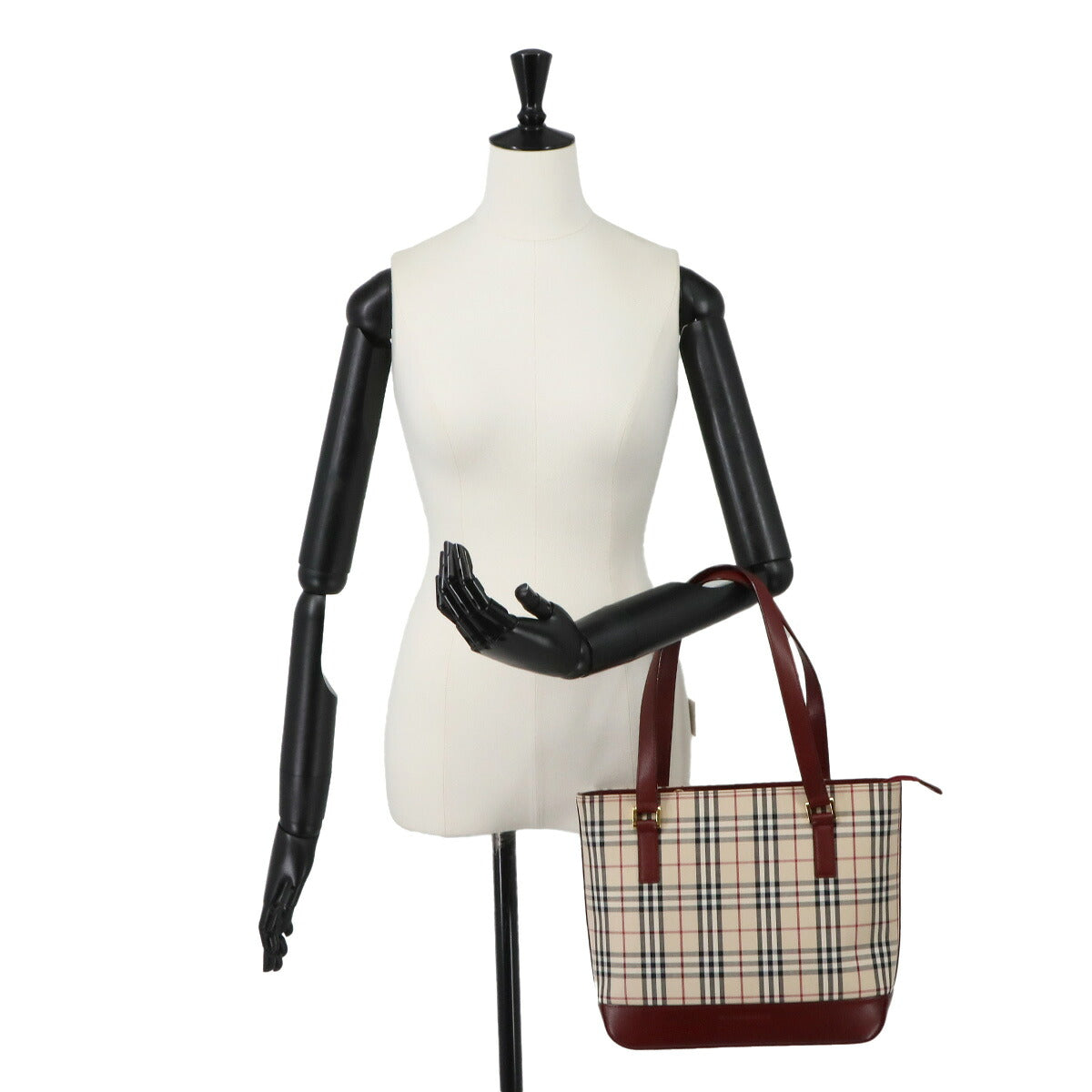 Plaid Hand Bag Canvas Leather Beige Bordeaux Purse