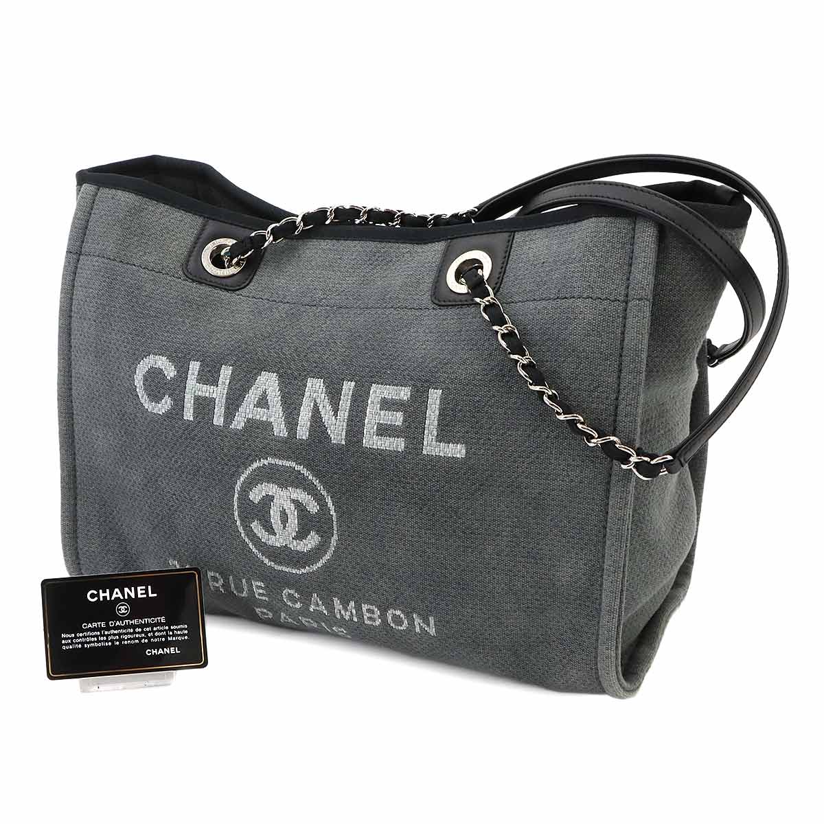 Deauville MM Chain Tote Bag Leather Gray Black A67001 Purse