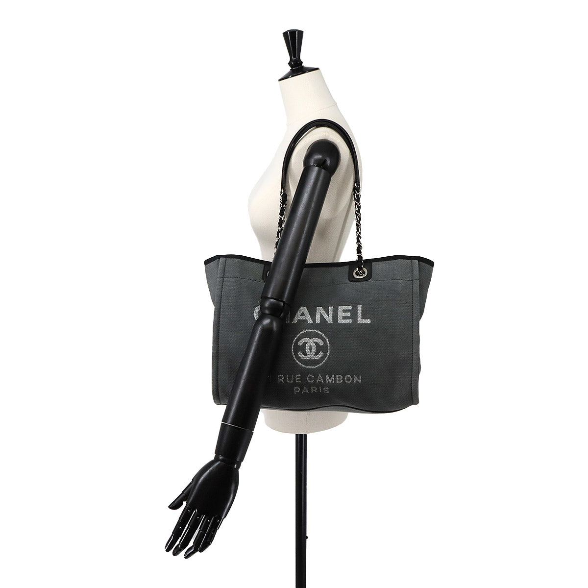 Deauville MM Chain Tote Bag Leather Gray Black A67001 Purse