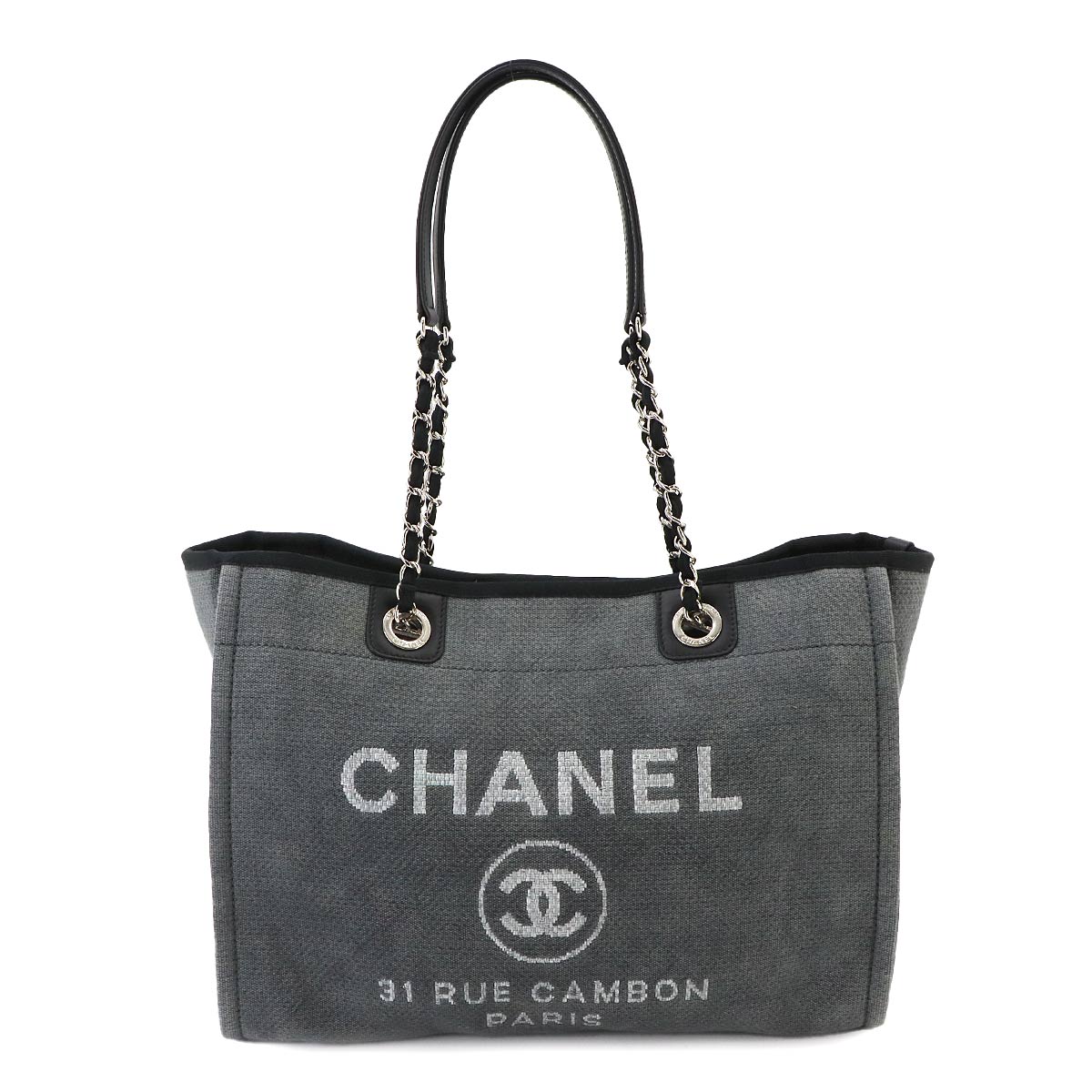 Deauville MM Chain Tote Bag Leather Gray Black A67001 Purse