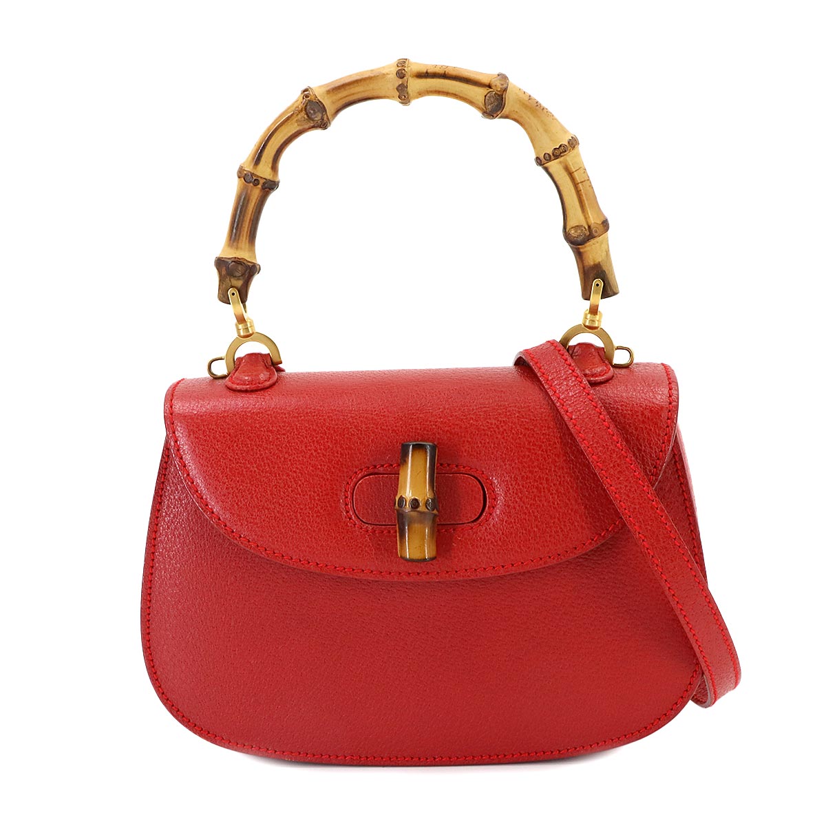 Bamboo 2way Hand Shoulder Bag Leather Red Purse