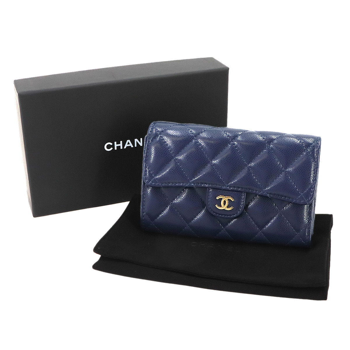 Matelasse Medium Flap Wallet Caviar Skin Leather Navy AP0232