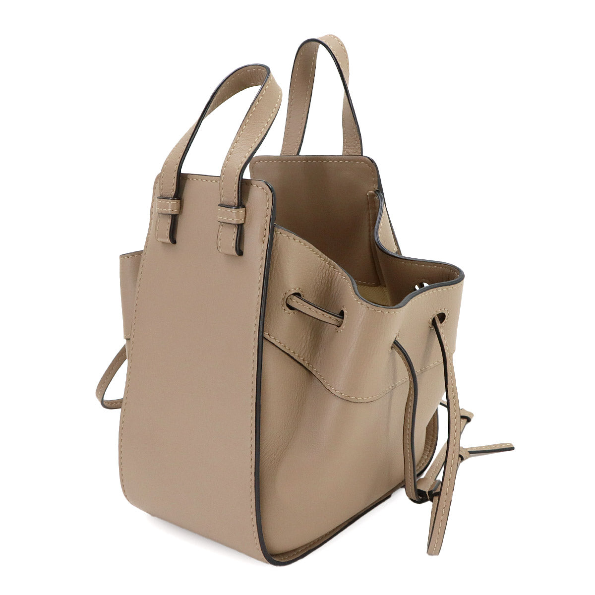 Hammock Drawstring Mini Hand Shoulder Bag Leather Beige