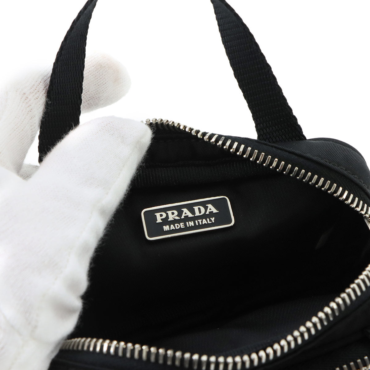 Mini Hand Bag Poach Nylon Saffiano Leather Black 1N1346