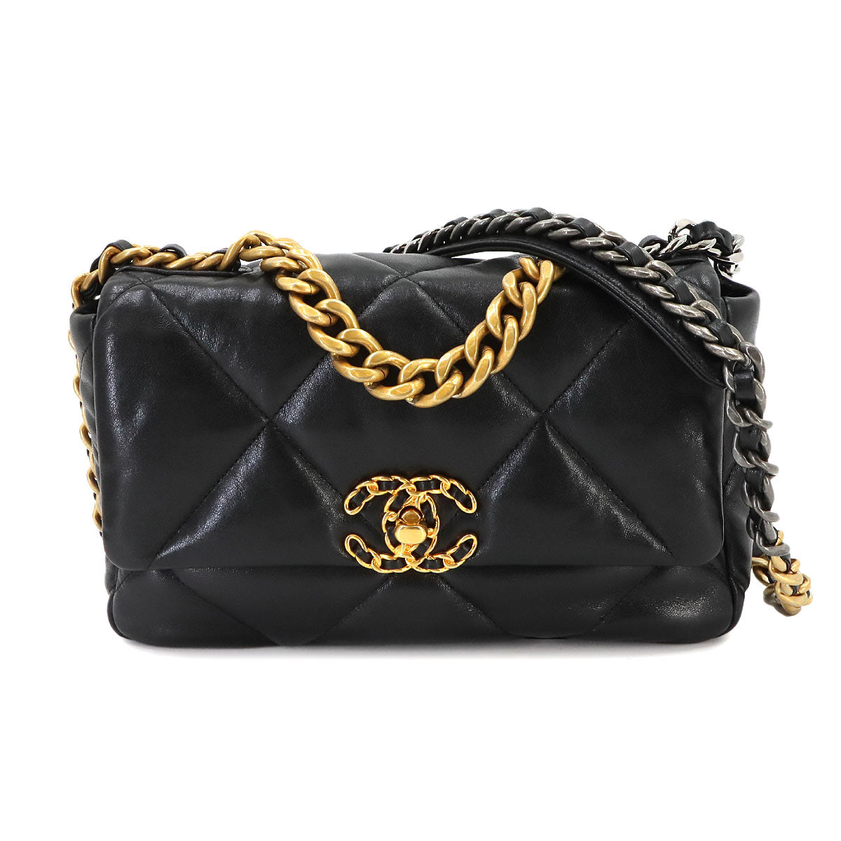CHANEL 19 Chain Hand Shoulder Bag Leather Black AS1160